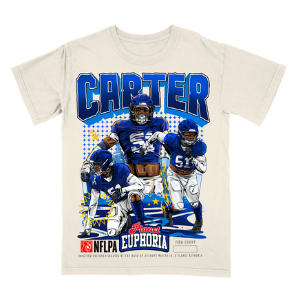 Abdul Carter NY NFL player graphic t-shirt by Planet Euphoria in off-white, front view.
