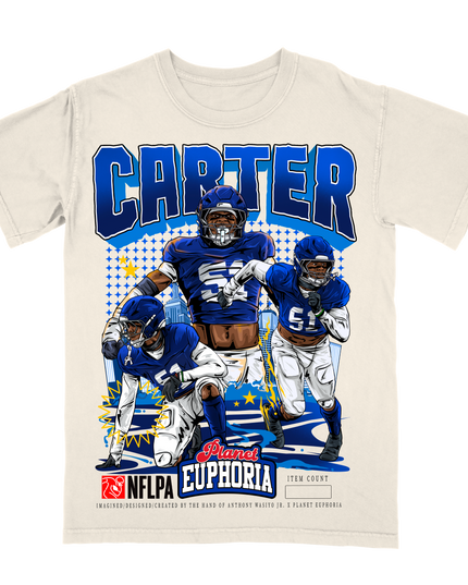 Abdul Carter NY NFL player graphic t-shirt by Planet Euphoria in off-white, front view.