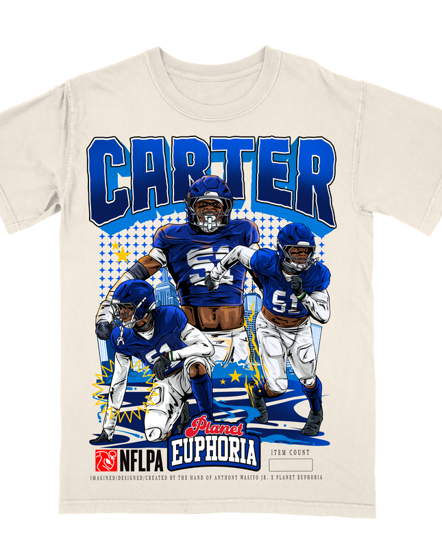Abdul Carter NY NFL player graphic t-shirt by Planet Euphoria in off-white, front view.