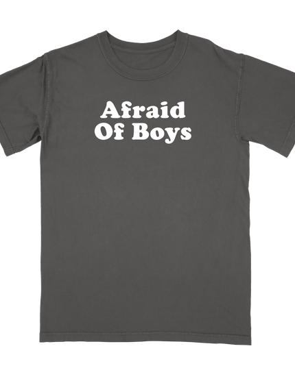 Afraid of Boys print t-shirt by Planet Euphoria in charcoal, front view.
