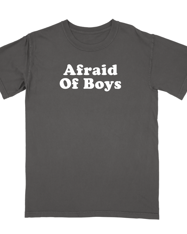 Afraid of Boys print t-shirt by Planet Euphoria in charcoal, front view.
