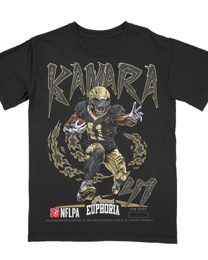 Alvin Kamara New Orleans NFLPA limited edition graphic t-shirt by Planet Euphoria in black, front view.