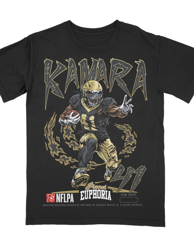 Alvin Kamara New Orleans NFLPA limited edition graphic t-shirt by Planet Euphoria in black, front view.
