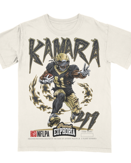 Alvin Kamara New Orleans NFLPA limited edition graphic t-shirt by Planet Euphoria in off-white, front view.