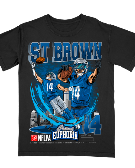 Amon-Ra St. Brown Detroit NFLPA graphic tee (V3) by Planet Euphoria in black, front view.