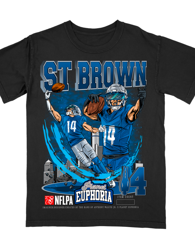 Amon-Ra St. Brown Detroit NFLPA graphic tee (V3) by Planet Euphoria in black, front view.