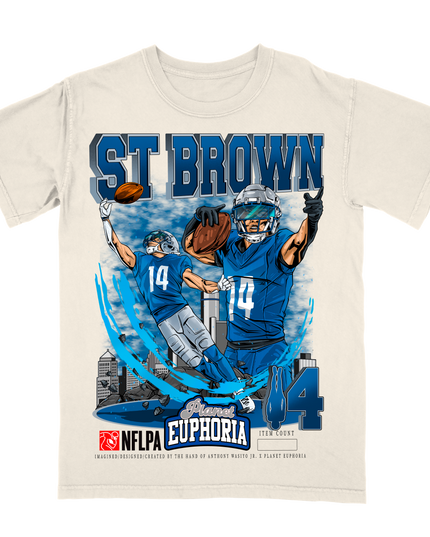 Amon-Ra St. Brown Detroit Lions football player graphic tee (V3) by Planet Euphoria in off-white, front view.