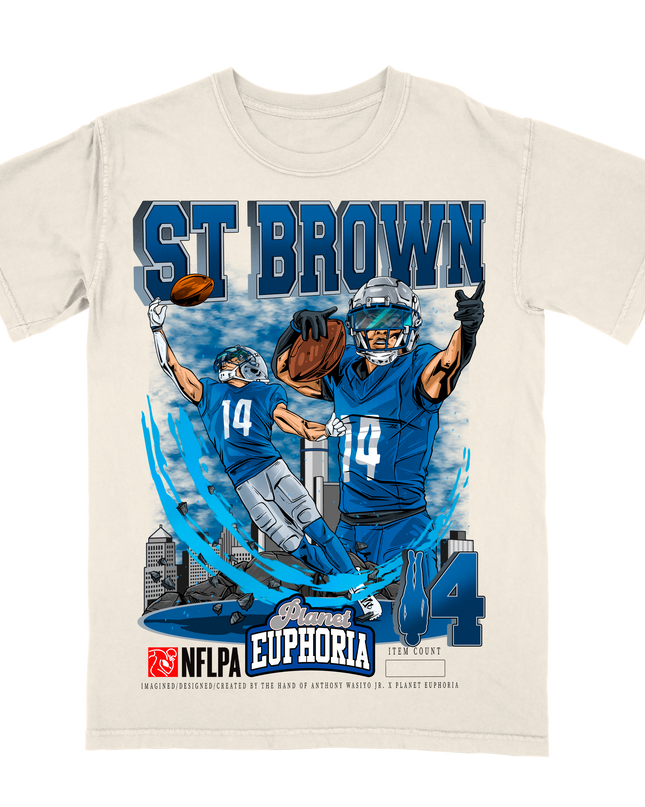 Amon-Ra St. Brown Detroit Lions football player graphic tee (V3) by Planet Euphoria in off-white, front view.