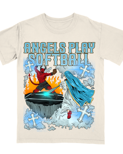 Angels Play Softball Biblical graphic tee by Planet Euphoria in off-white, front view.