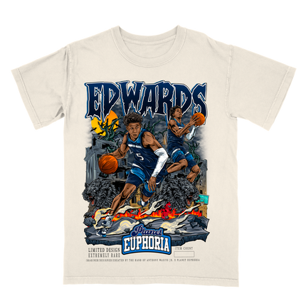 Anthony Edwards Minnesota NBA player graphic wolves t-shirt by Planet Euphoria in off-white, front view.