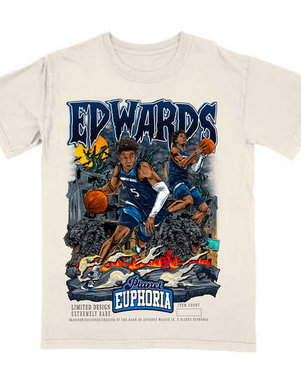 Anthony Edwards Minnesota NBA player graphic wolves t-shirt by Planet Euphoria in off-white, front view.