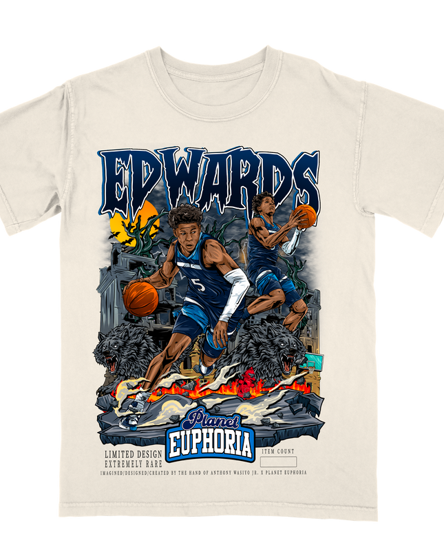 Anthony Edwards Minnesota NBA player graphic wolves t-shirt by Planet Euphoria in off-white, front view.