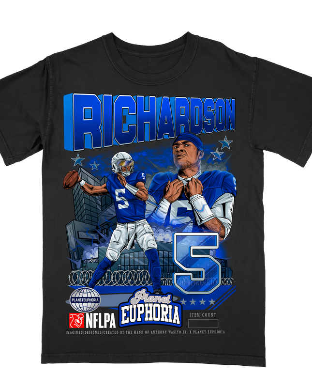 Anthony Richardson Indianapolis Colts NFLPA graphic t-shirt by Planet Euphoria in black, front view.