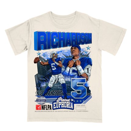 Anthony Richardson Colts NFL player graphic t-shirt by Planet Euphoria in off-white, front view.