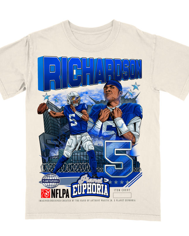 Anthony Richardson Colts NFL player graphic t-shirt by Planet Euphoria in off-white, front view.