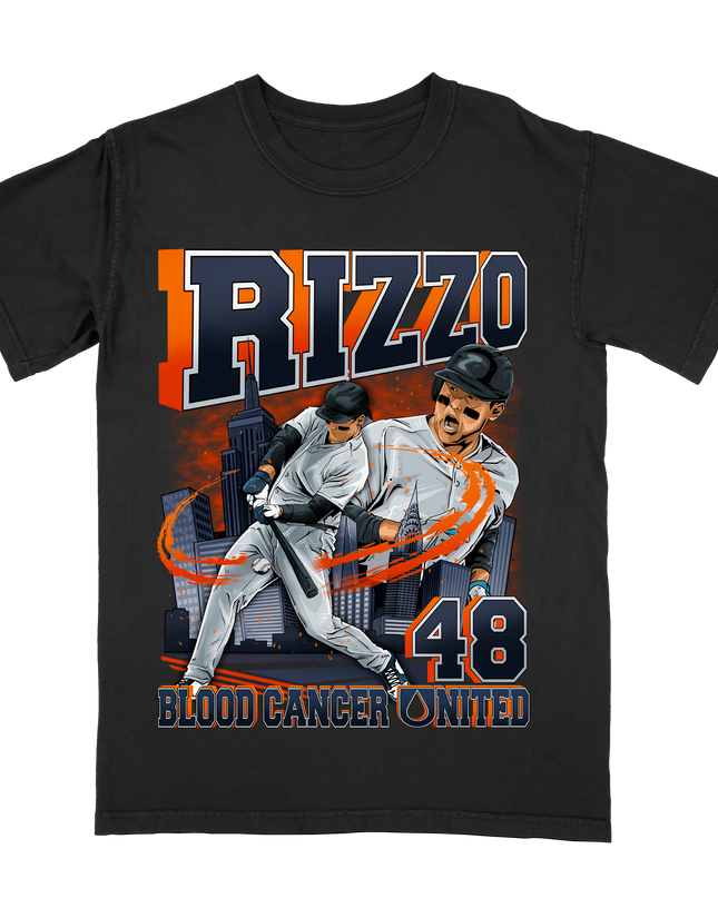 Anthony Rizzo blood cancer united BCU graphic tee by Planet Euphoria in black, front view.