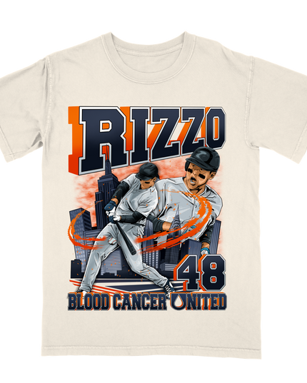 Anthony Rizzo blood cancer united 'BCU' graphic tee by Planet Euphoria in off-white, front view.
