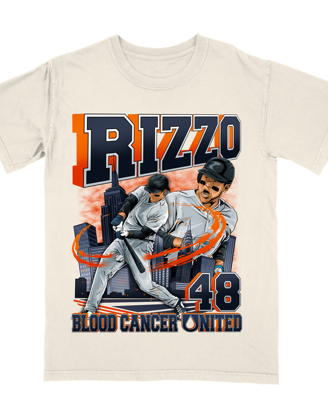 Anthony Rizzo blood cancer united 'BCU' graphic tee by Planet Euphoria in off-white, front view.