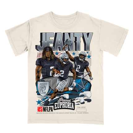 Ashton Jeanty Vegas NFLPA graphic t-shirt with Allegiant Stadium in background, by Planet Euphoria in off-white, front view.
