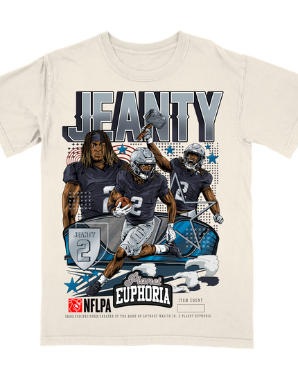 Ashton Jeanty Vegas NFLPA graphic t-shirt with Allegiant Stadium in background, by Planet Euphoria in off-white, front view.
