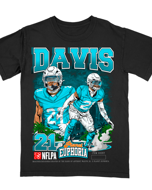 Ashtyn Davis Miami football player graphic tee by Planet Euphoria in black, front view.
