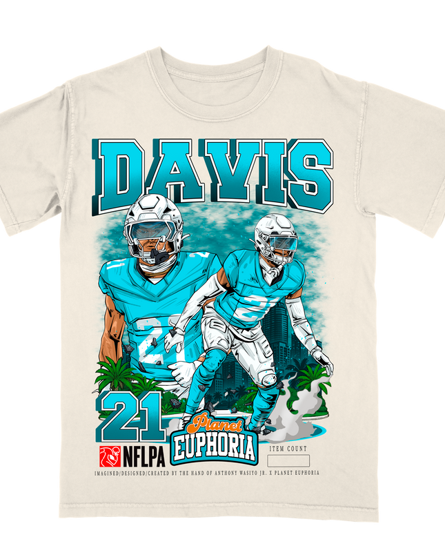 Ashtyn Davis Miami football player graphic tee by Planet Euphoria in off-white, front view.
