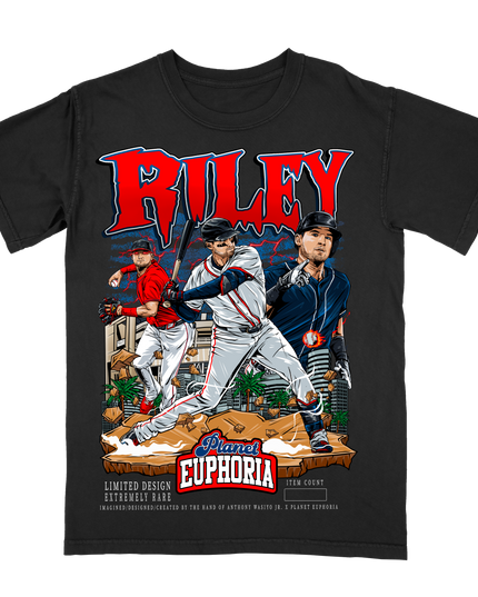 Austin Riley Atlanta MLB player graphic T-shirt by Planet Euphoria in black, front view.