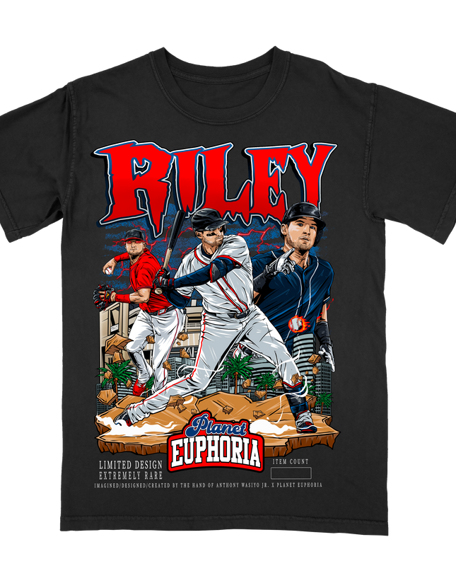 Austin Riley Atlanta MLB player graphic T-shirt by Planet Euphoria in black, front view.