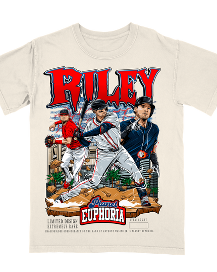 Austin Riley Atlanta MLB player youth sized graphic T-shirt by Planet Euphoria in off-white, front view.