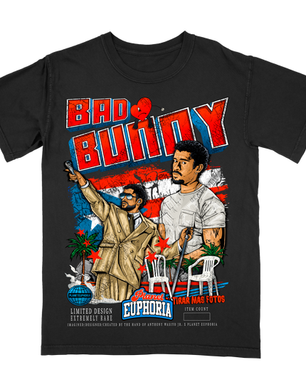 Bad Bunny Puerto Rico graphic tee by Planet Euphoria in black, front view.
