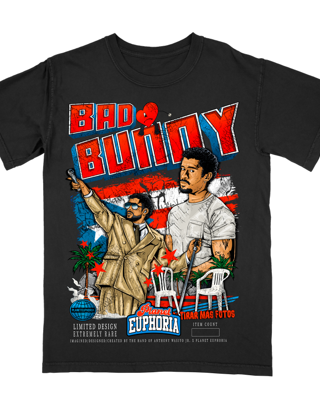 Bad Bunny Puerto Rico graphic tee by Planet Euphoria in black, front view.