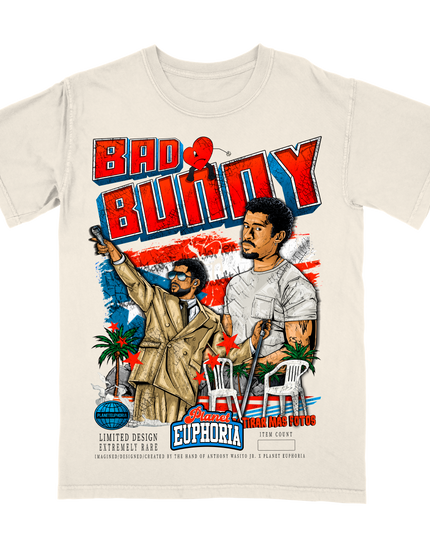 Bad Bunny Puerto Rico graphic tee by Planet Euphoria in off-white, front view.