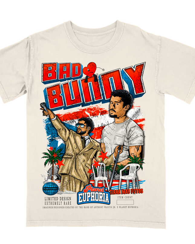 Bad Bunny Puerto Rico graphic tee by Planet Euphoria in off-white, front view.