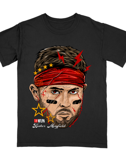 Baker Mayfield Bolts and Stars Fat Head NFLPA graphic t-shirt by Planet Euphoria in black, front view.