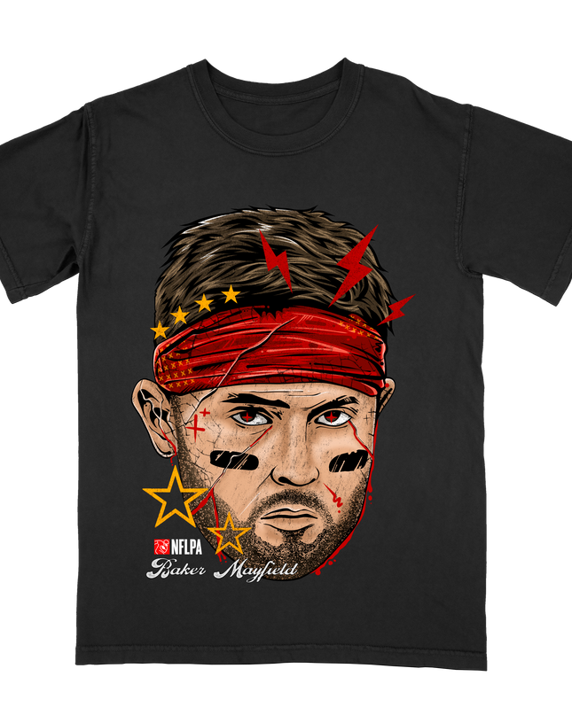 Baker Mayfield Bolts and Stars Fat Head NFLPA graphic t-shirt by Planet Euphoria in black, front view.