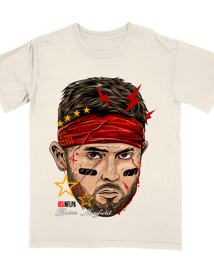 Baker Mayfield Bolts and Stars Fat Head NFLPA graphic t-shirt by Planet Euphoria in off-white, front view.