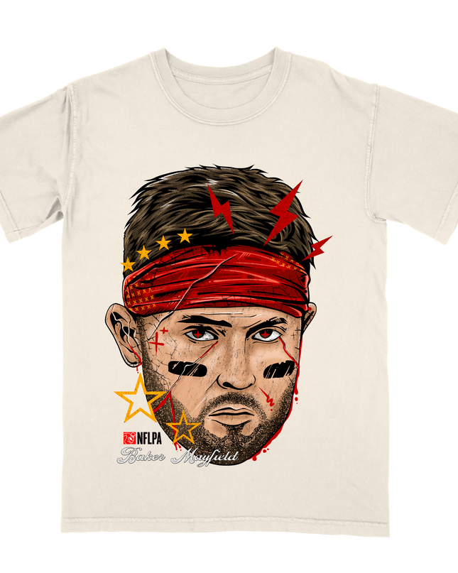 Baker Mayfield Bolts and Stars Fat Head NFLPA graphic t-shirt by Planet Euphoria in off-white, front view.