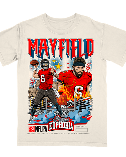 Baker Mayfield Tampa Bay NFLPA graphic t-shirt by Planet Euphoria in off-white, front view.