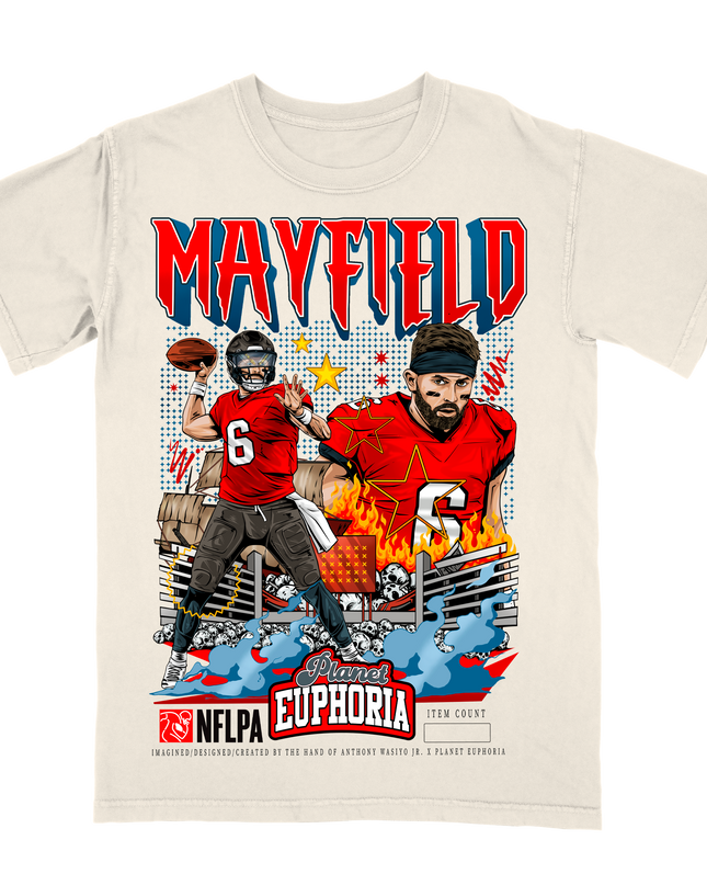 Baker Mayfield Tampa Bay NFLPA graphic t-shirt by Planet Euphoria in off-white, front view.