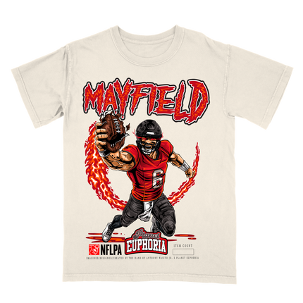 Baker Mayfield NFL QB graphic tee V3 by Planet Euphoria in off-white, front view.