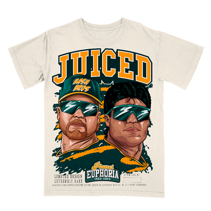 Bash Brothers graphic t-shirt by Planet Euphoria in off-white, front view.