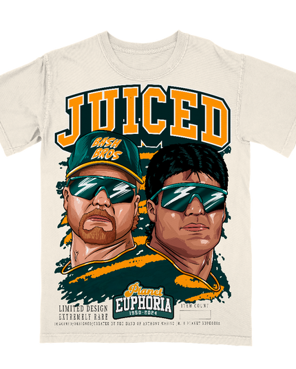Bash Brothers graphic t-shirt by Planet Euphoria in off-white, front view.