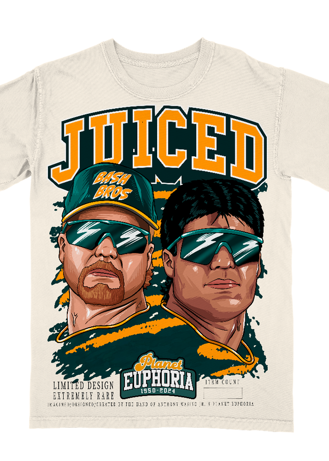 Bash Brothers graphic t-shirt by Planet Euphoria in off-white, front view.