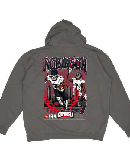 Bijan Robinson Atlanta NFLPA graphic hoodie by Planet Euphoria in gray, back view.