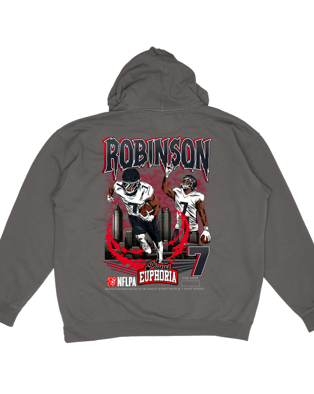 Bijan Robinson Atlanta NFLPA graphic hoodie by Planet Euphoria in gray, back view.