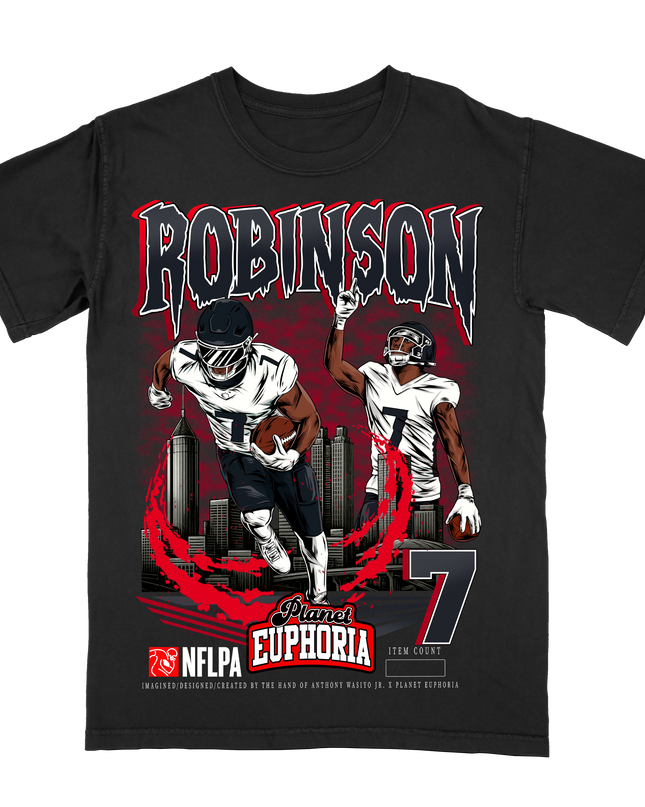 Bijan Robinson Atlanta NFL Player graphic tee  by Planet Euphoria in black, front view.