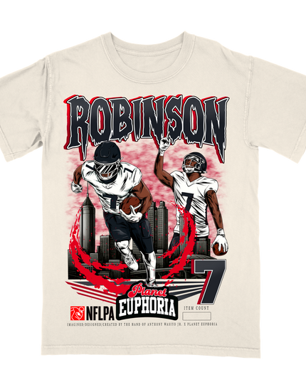 Bijan Robinson Atlanta NFL Player graphic tee  by Planet Euphoria in off-white, front view.