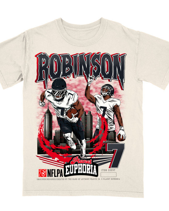 Bijan Robinson Atlanta NFL Player graphic tee  by Planet Euphoria in off-white, front view.