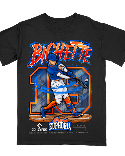 Bo Bichette NY Mets MLBPA graphic tee by Planet Euphoria in black, front view.