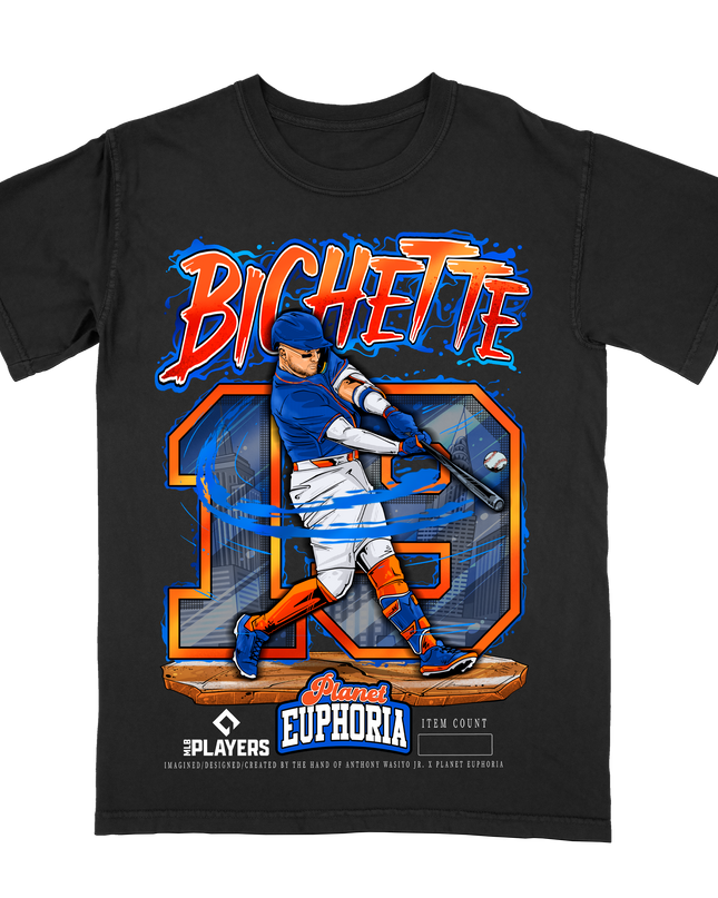 Bo Bichette NY Mets MLBPA graphic tee by Planet Euphoria in black, front view.
